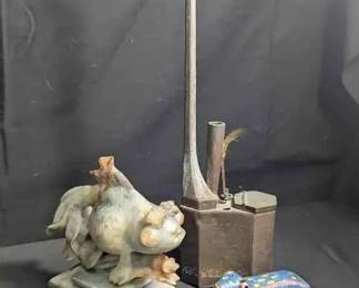 OM269Antique Chinese Metal Water Pipe, Carved Stone Fish, Cloisonn Enamel Frog And Shou Symbol