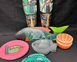 OM360Vintage Tropical Decor Wooden Bird Masks, Fish Platters, Orange Bowls