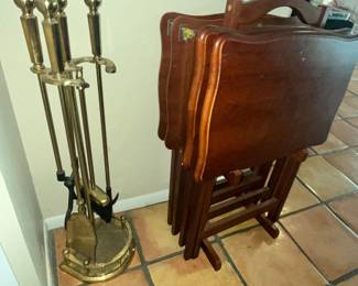 SOLID BRASS FIREPLACE TOOLS & SOLID WOOD TV TABLES