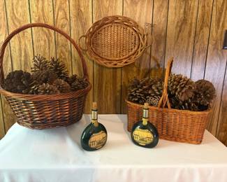 Vintage Wicker Basket Pinecone Decor Lot with Mateus Ros Bottles