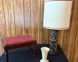 Vintage MidCentury Decor Lot Mosaic Glass Lamp, Footstool Ceramic Vase