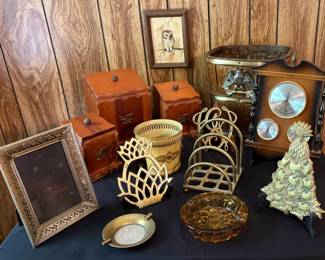 Vintage Americana Brass Dcor Lot Jason Weather Station, Eagles, Owl Art, Pineapple Desk Acces