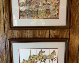Pair of Mary Hulgam PencilSigned Numbered Carousel Horse Prints Framed