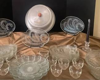 Vintage Cut Pressed Glass Entertaining Set Snack Plates with Cup Holders, Cups, Bowls Serving