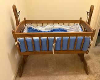Vintage Wooden Baby Cradle Rocking Bassinet with Blue Nursery Bedding