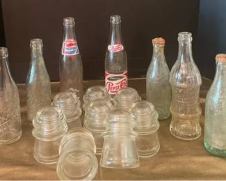 Vintage Pepsi Embossed Soda Bottles with Hemingray Glass Insulators