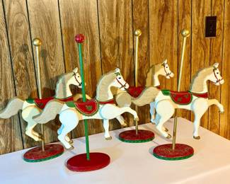 Set of 4 Christmas Carousel Horses on Stands Red, Green Gold Holiday Dcor