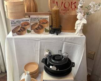Vintage AsianInspired Kitchen Entertaining Lot Wok Sets, Bamboo Steamers, Serving Ware Decor
