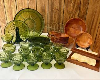 Vintage Avocado Green Glassware Woven Wood Serveware Entertaining Lot