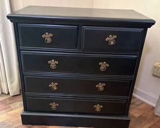 Black FiveDrawer Chest with Brass Bail Pulls Vintage NewspaperLined Drawers