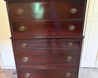 Vintage Mahogany 5Drawer Highboy Chest Dovetail Drawers Brass Bail Pulls