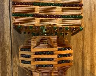 Vintage Handmade Tramp Art Popsicle Stick Lamp with Red Green Beads Working