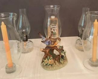 Vintage Hurricane Candle Holders, Glass Oil Lamps Bird Figurine Decor Lot