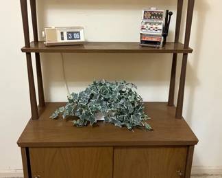 MidCentury Modern Display Cabinet with Shelves, Ingraham Flip Clock Little Chief Slot Machine Toy
