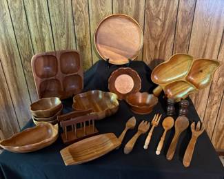 Vintage Carved Wood Serving Ware, Bowls, Trays Utensils Collection