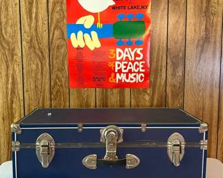 Vintage Blue HardSided Travel Trunk with Metal Hardware NewspaperPrint Interior