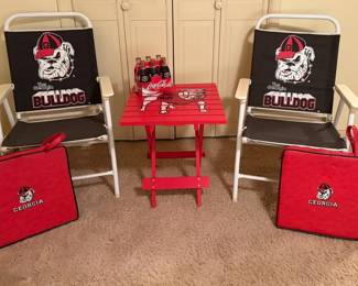 University of Georgia Bulldogs Tailgating 2 Chairs, Folding Table, Seat Cushions 2002 CocaCola