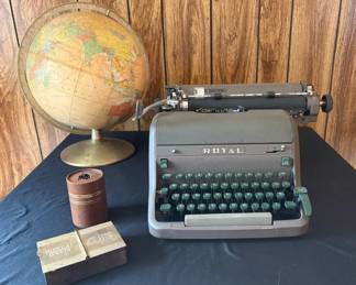 Vintage Royal Manual Typewriter, World Globe MidCentury Desk Accessories