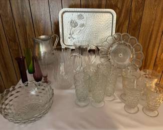 Sunday Afternoon Lemonade Vintage Glass Pitchers, Pedestal Tumblers Serving Collection