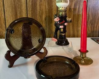 Vintage Bourbon Street Figural Oil Lamp, Amber Glass Ashtrays Brass Candleholder