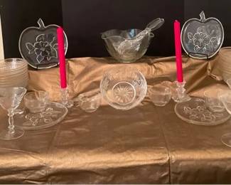 Vintage Clear Glass Tableware Collection Stemware, Bowls, Plates, Apple Dishes Candlesticks
