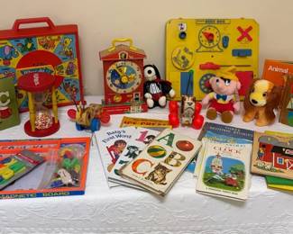 Vintage FisherPrice Playskool Toy Lot Busy Box, Teaching Clock, Pull Toys, Puzzles Books