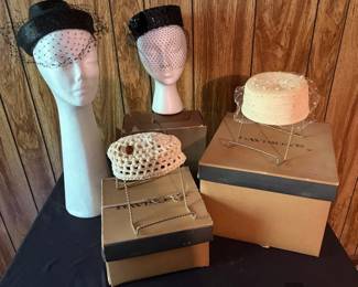 Vintage Ladies Hat Collection Veiled Fascinators, Pillbox Crochet Hat with Davisons Hat Boxes