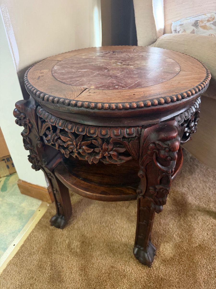 19th Century Antique Chinese Carved Hardwood  Marble Top Pedestal Table