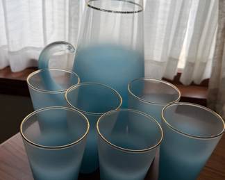 Vintage Blendo Blue Ombre Frosted Glass Set Large Pitcher & 6 Tumblers MCM Decor
