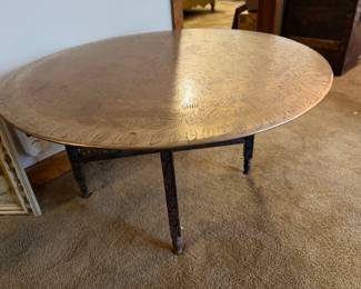 Vintage Chinese Brass Circular Tray Table Wood Folding  Living Room Decor