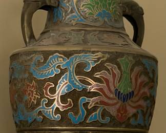 Antique Chinese Champleve Cloisonné Bronze Vase – Enamel Inlay & Dragon Handles