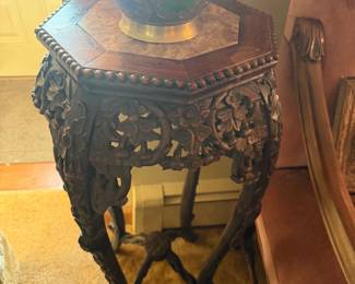 Asian Carved Rosewood Antique Marble Top Plant Statue Stand