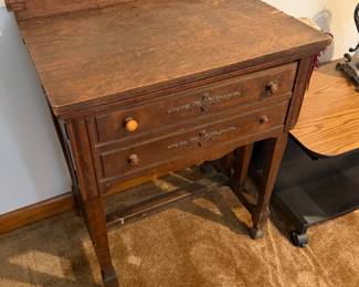 vintage wooden drop-leaf sewing machine cabinet With Free- Westinghouse Sewing Mashine inside.