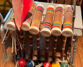 Vintage Forster Made in USA Croquet Set w/ Wooden Mallets, Balls, Wickets, Stand