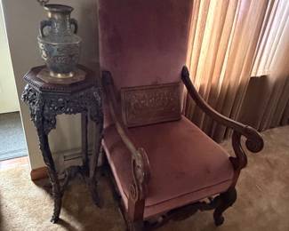 victorian era high back parlor chair, or pulpit chair. Chinese darkwood octagonal shaped urn stand, Qing dynasty, the top with mottled marble top