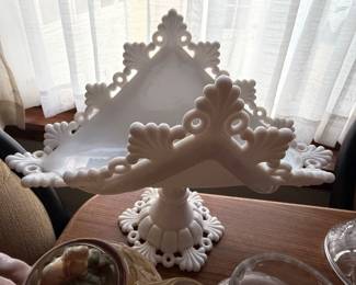 Westmoreland Banana Stand Milk Glass White Fleur Di Lis Lace Trim Pedestal