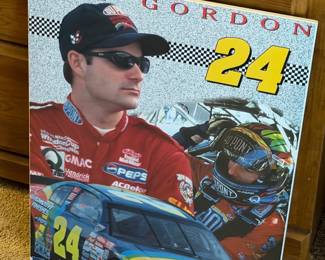 1999 Starline Jeff Gordon #24 NASCAR collage poster, which has been laminated and mounted onto a wooden backer board