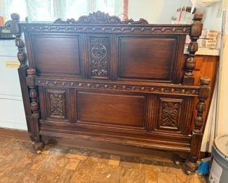 Antique Renaissance Revival / Tudor Revival Oak Full Bed Frame