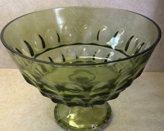 VINTAGE “THUMBPRINT” PEDESTAL FRUIT BOWL IN GREEN GLASS