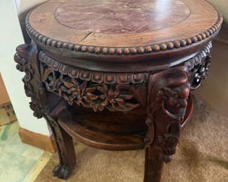 19th Century Antique Chinese Carved Hardwood Marble Top Pedestal Table