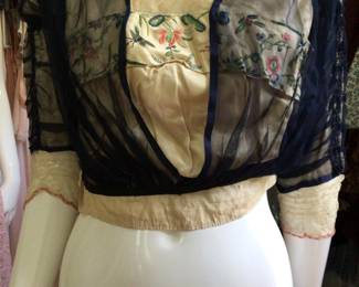 Lovely blouse with Asian embroidery featuring dragonflies, black chiffon overlay.