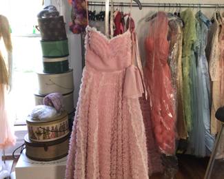 Vintage pink and white ball gown/ up cake dress. Studio room.
