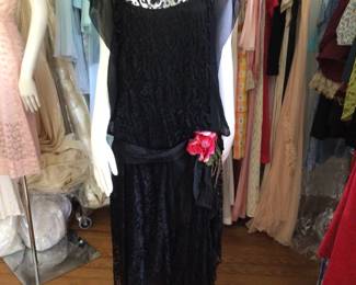 1920s lace and georgette dress with velvet floral adornment. Studio room