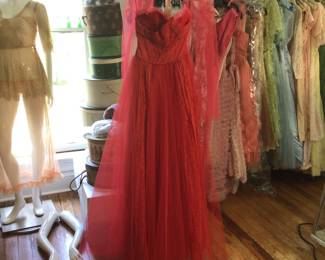Ruby red strapless ball gown, cup cake dress. Studio room.