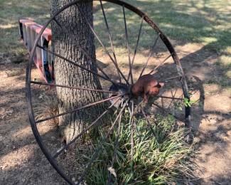Antique Spoked Wagon Wheel With Hitching Post Horse Head accent