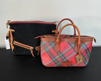 Dooney  Bourke Blk SuedeLeather EastWest Zip Sac  RedGreen Plaid CanvasLeather Tote, NWT