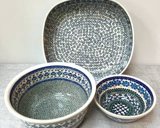 Polish Pottery Ceramika Artystyczna Boleslawiec Rectangular Casserole, Mixing Bowl, and Small Bowl