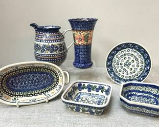 Polish Pottery Unikat Boleslawiec Small Pitcher, Fluted Vase, Small Plate  3 Small Casseroles