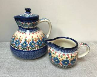 Polish Pottery Unikat Boleslawiec Large Lidded Pitcher and Large Creamer Pitcher, Signed Pieces