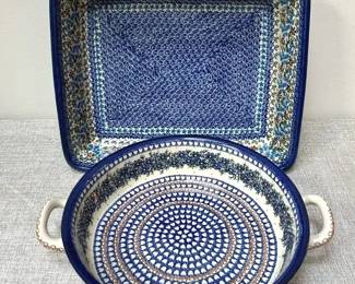 Polish Pottery Unikat Boleslawiec Rectangular Casserole and Round Baker with Handles, Both signed